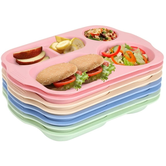 8 Pcs Divided Plates, Wheat Straw Section Plates for Adults & Youngsters, 11.8 x 8.3 in 5 Compartment Food Portion Control Tray, Large Unbreakable Plates in Beige, Blue, Pink, Green