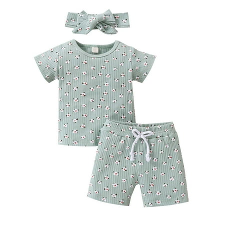 

Fesfesfes Toddler Baby Boys Girls Summer Ribbed Short-sleeved Button Top Shorts Headband Three-piece Set