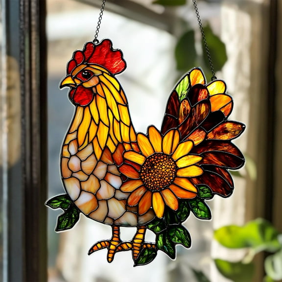 Rooster Acrylic Suncatcher, Sunflower Faux Stained Glass Window Hanging, Farmhouse Kitchen Decor Gift