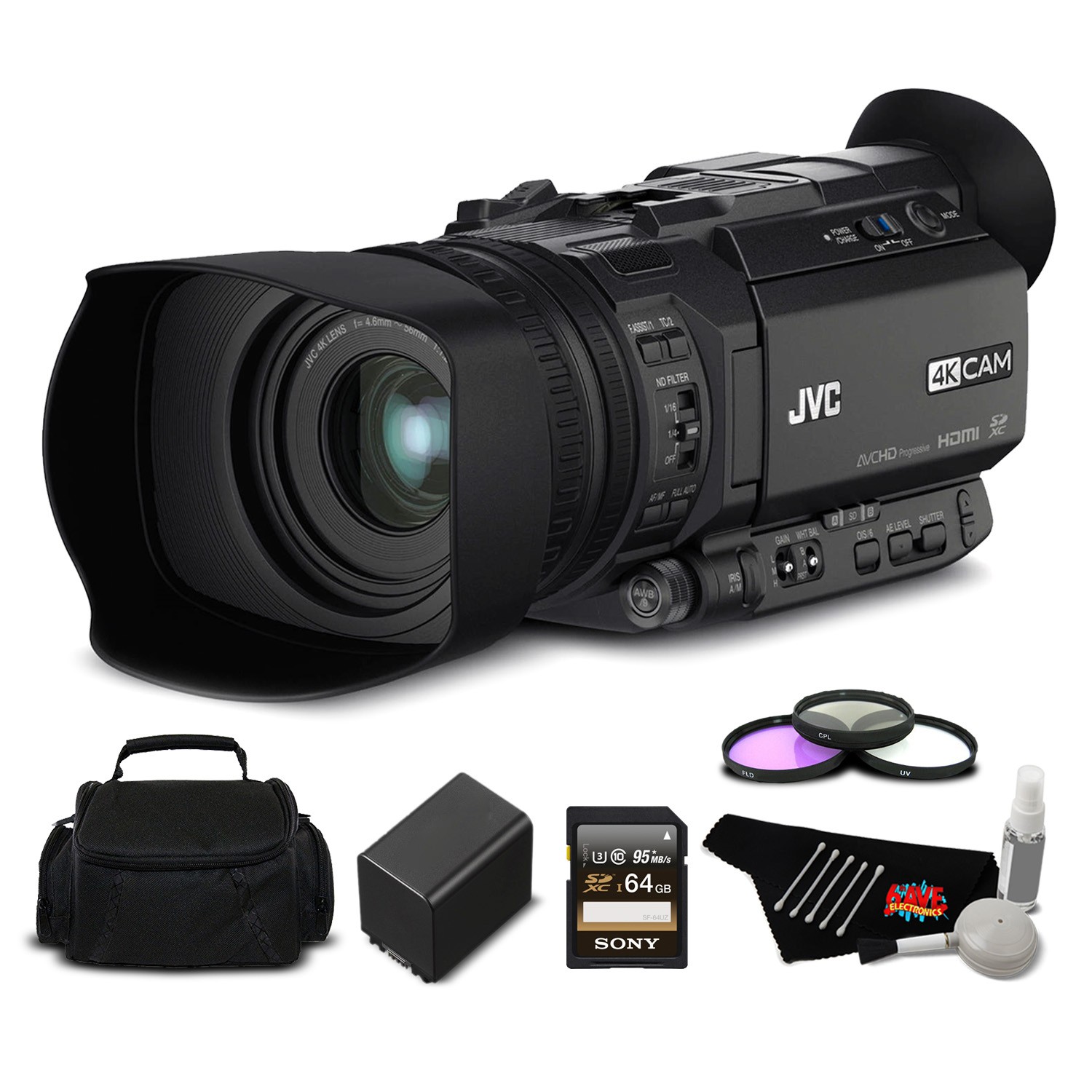 JVC GYHM170UA Ultra 4K HD CAM Compact Professional Camcorder with Top Handle Audio Unit Bundle