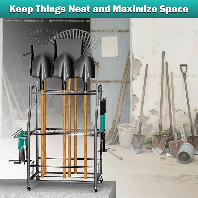 Garden Tool Organizer Stand, Garage Tool Storage Organization, Yard Tool Racks with lockable wheels, Fit for Long-Handled Tools/Rakes/Brooms