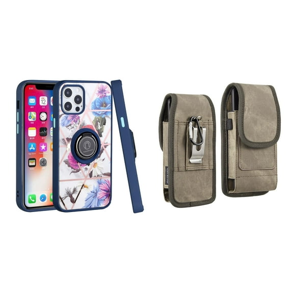 Bemz Ring Series Case for iPhone 14 Pro Max (TPU Silicone Cover with Magnetic Stand) and Vertical Rugged Denim Nylon Belt Holster Pouch (Blue Purple Flowers/Brown)