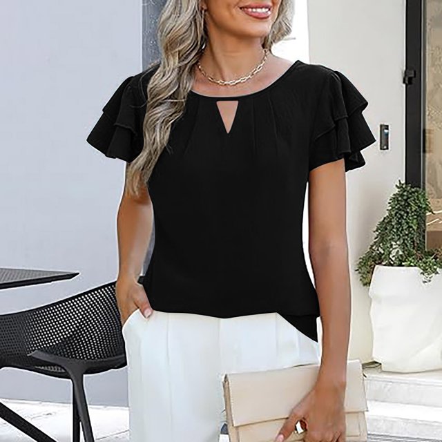 BVOFAR Womens Tops Dressy Casual Business Work Blouses Short Ruffle Sleeve keyhole Shirts Summer Trendy Solid Color T-Shirts