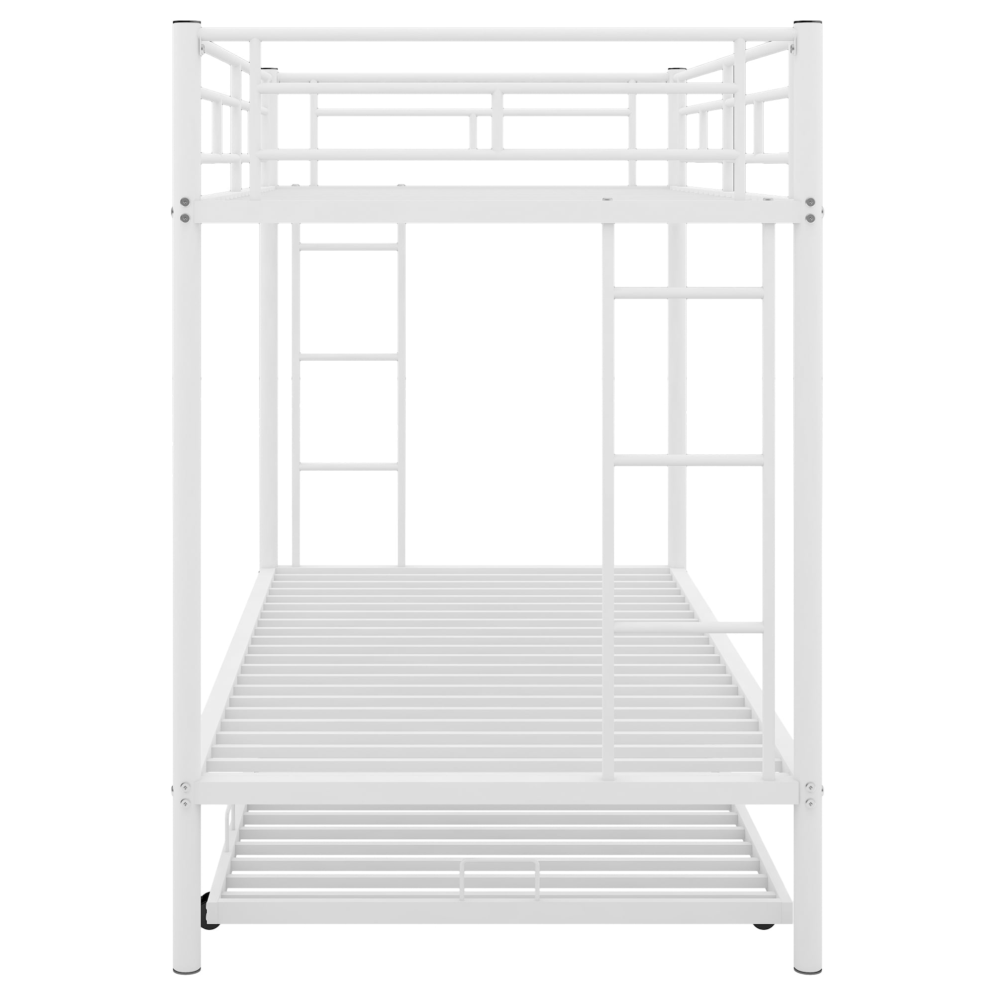 Euroco Metal Twin Bunk Bed with Trundle, 3 Beds for Kids and Teens, Solid Ladder and Safety Guardrails, White