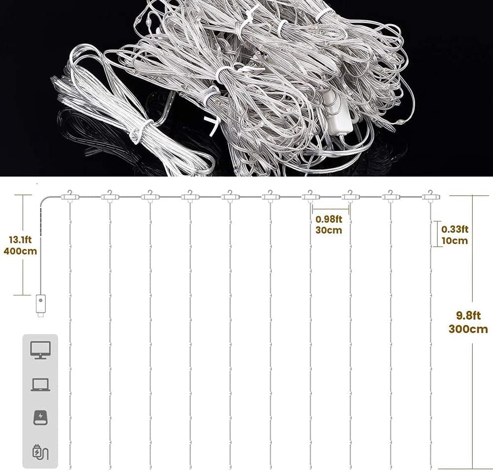 LED Curtain String Lights, 9.8 x 9.8 ft, with Remote, 3 Colors