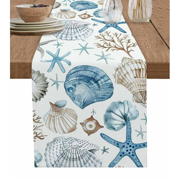 Blue Beige Coastal Table Runner Summer Beach Starfish Shell Nautical Tablerunners 13 x 48 Inch, Table Decorations Tabletop Scarf for Summer Gathering Holiday Farmhouse Kitchen Dining Decor