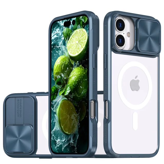 New Slide Camera Lens Protector Armor Case For iPhone 16 15 13 14 Plus 11 12 Pro Max For Magsafe Shockproof Bumpers Clear Cover Blue For iPhone 15