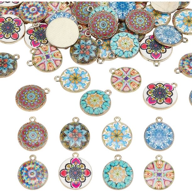 48 piezas de dijes redondos planos de flores de 8 estilos, 18 mm, estilo bohemio, colgantes de caleidoscopio con estampado de aleación.