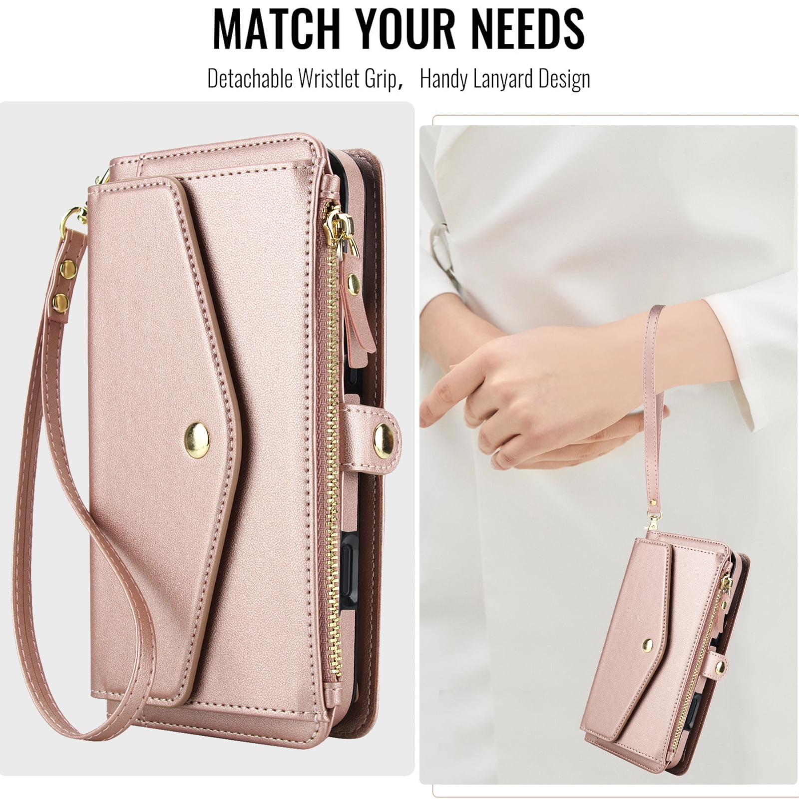Dteck Crossbody Wallet for iPhone 15 Pro with Detachable Magnetic Phone Case, Compatible with MagSafe, RFID Blocking PU Leather Flip Cover Wrist Strap Zipper Card Holder Slots,Rosegold