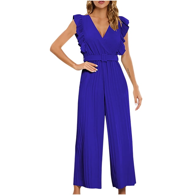 Yuyuzo Womens Chiffon Jumpsuits 1 Piece Dressy Flowy Rompers Ruffle Deep V Neck Tunics Wide Leg Pants