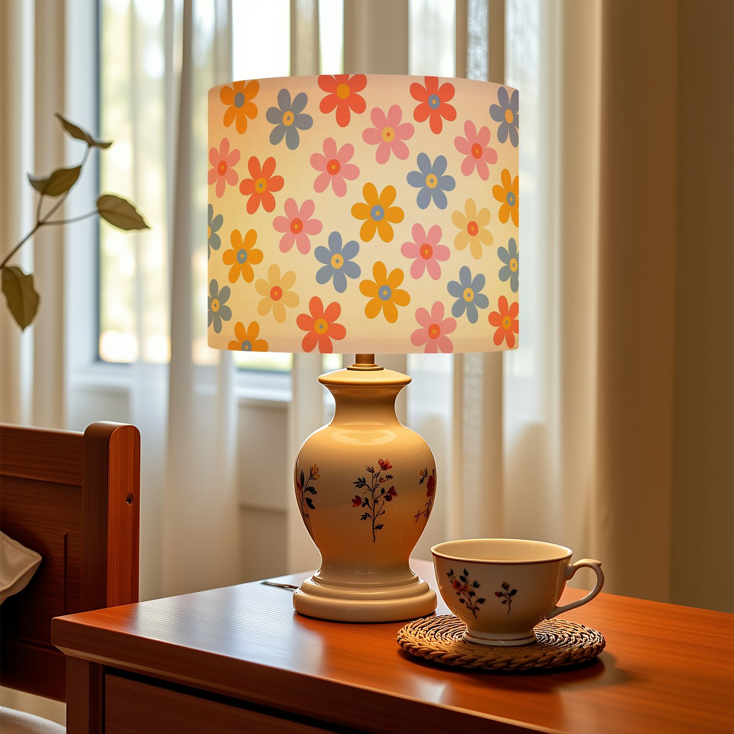 Linen Drum Lampshades Colorful Floral Daisy Mid Century Modern Retro 13"x13"x10" Light Shade for Table Lamps Floor Lamps Drum Lamp Shades Lampshade Replacement Assembly Required