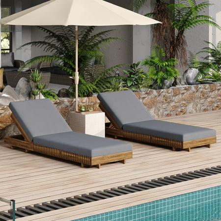 Christopher Knight Home Wood Outdoor Chaise Lounge Chairs with Adjustable Backrests and Foldable Cushions, Dark Gray, Set of 2