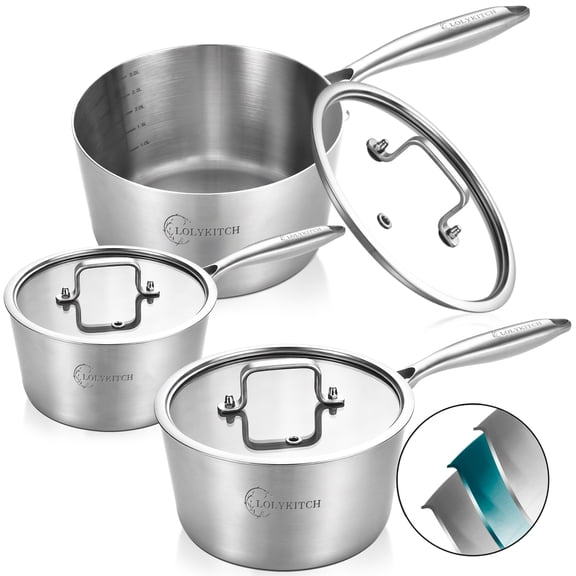 LOLYKITCH Tri-ply Stainless Steel Saucepans Set with Lids,Induction Cooking Pots,Dishwasher and Oven Safe,Detachable Handle,1.5QT&2.5QT&3.0QT.