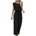 thumbnail image 3 of Women's Solid Color Belted Ruffled Sleeve Drawstring Jumpsuit Romper Overalls, Casual Work Office Business Casual Lounge Wear, Travel Essentials for Women | Aestivo,Black L, 3 of 8