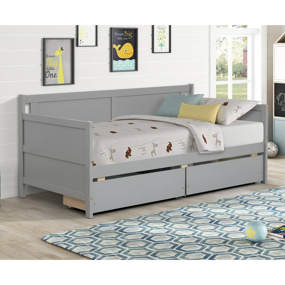 Twin Daybed Frame with 2 Storage Drawers on Casters, Wood Twin Size