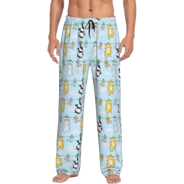 Fotbe Cartoon Cat Pantalones de Pijama para Hombre, Pantalones de Dormir, Pantalones de Casa con Cintura Ajustable y Bolsillos-Small