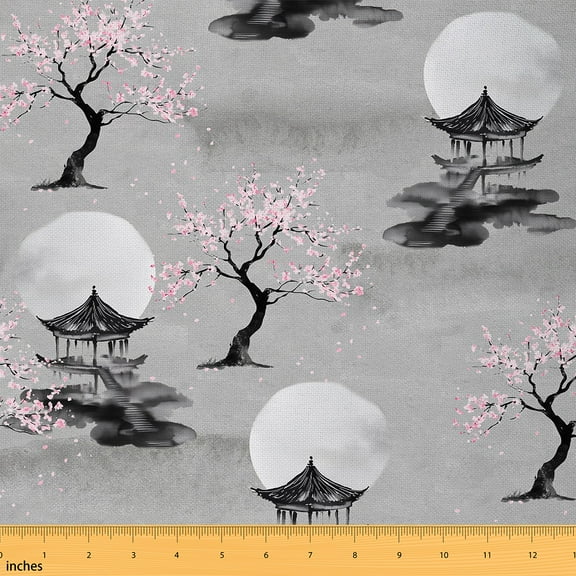 Castle Fairy Teenagers Cherry Blossom Fabric by the Yard 1 Yard,Japanese Style Home Decor Fabric by the Yard,Black Pink Room Decor Fabric by the Yard,Breathable Home Decor