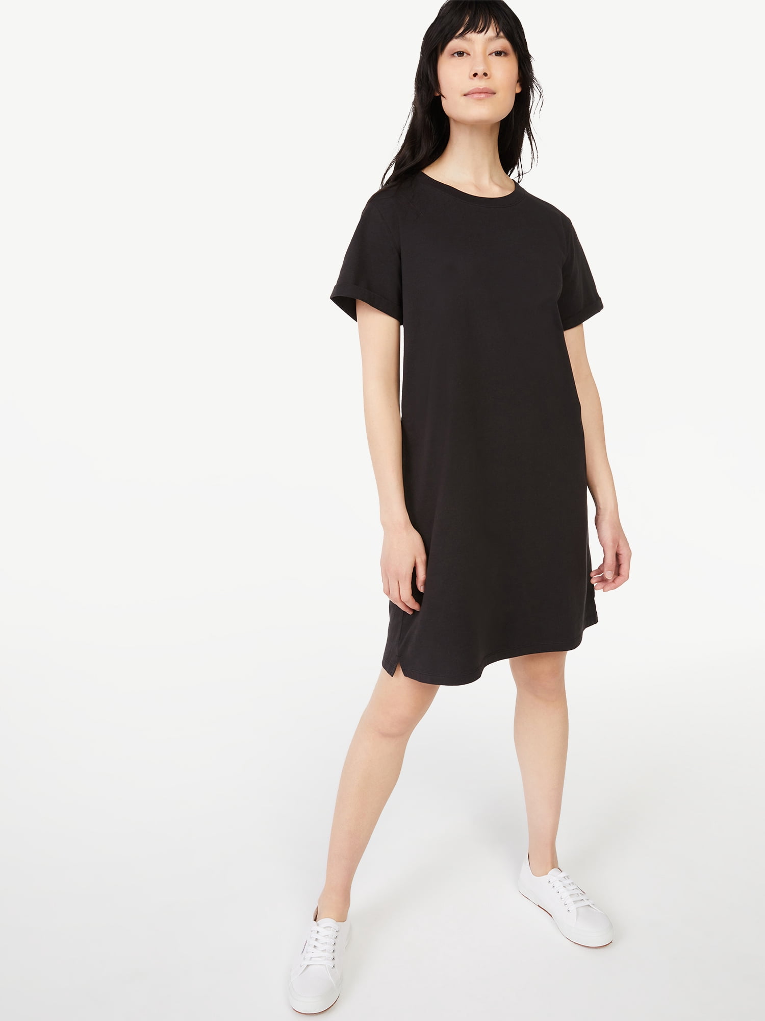 Free Assembly Women's Short Sleeve T-Shirt Dress with Cuffed Sleeves