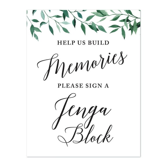 Koyal Wholesale Wedding Party Signs, Natural Greenery, Help Us Build Memories, Please Sign a Jenga Block, 1-Pack