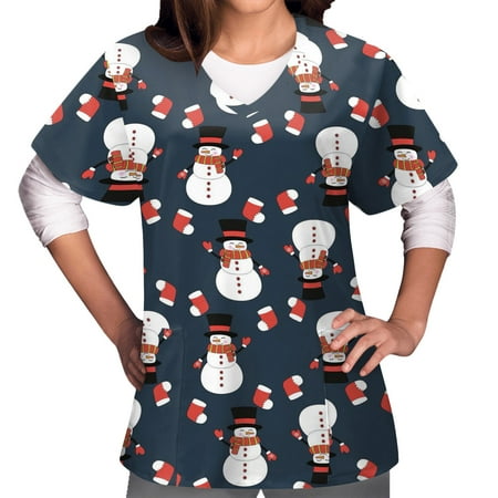 

Womens Scrub Tops Christmas Printed Short Sleeve V Neck Uniforms Workwear Scrubs Fun Patterned Tshirts Scrub Tops