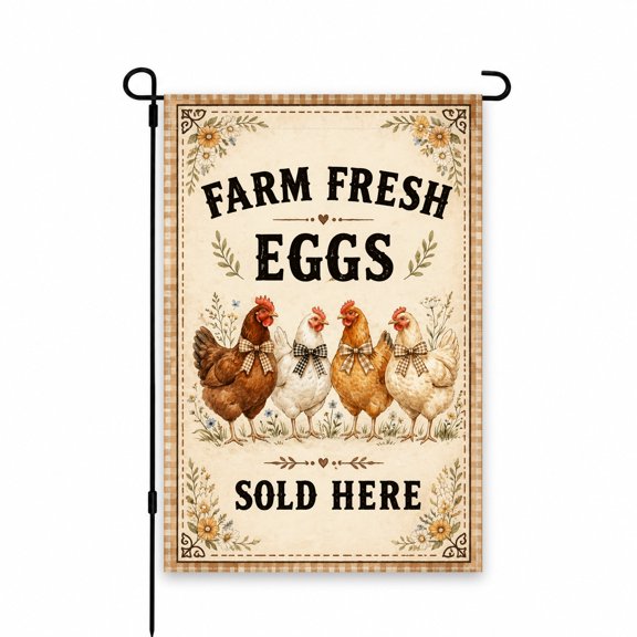 Farm Fresh Eggs Garden Flag 12 x 18 Inch – Rustic Farmhouse Chicken Design with Gingham and Floral Accents – Outdoor Yard, Lawn, Patio Decor