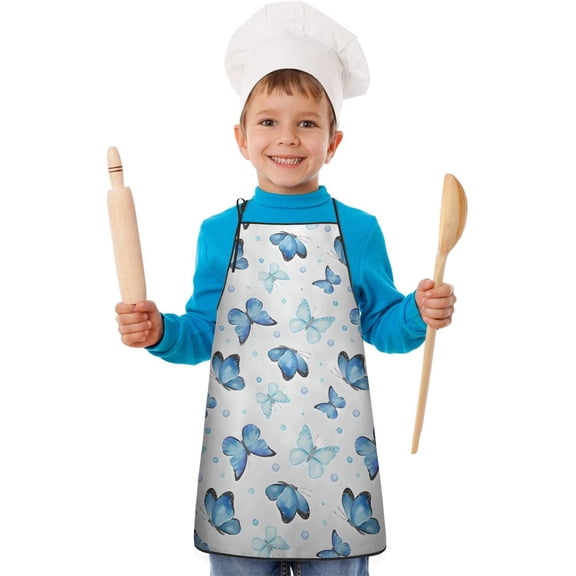 Blue Butterfly Pattern Kids Aprons for Girls and Boys,Adjustable Neck Strap Toddler Aprons for Kids Cooking Baking
