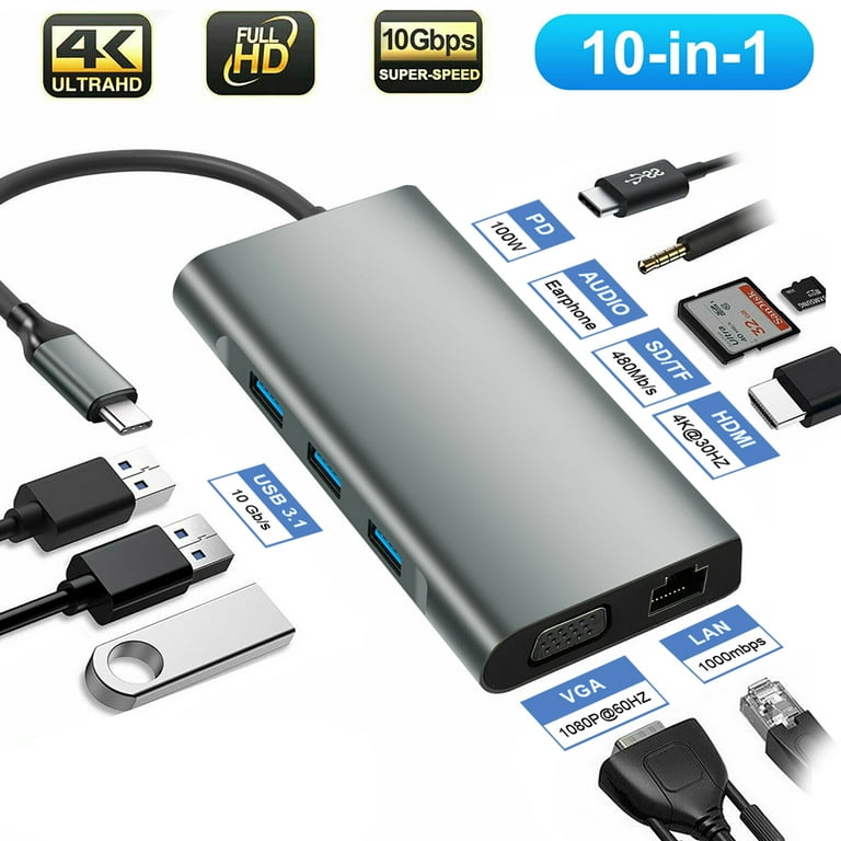 HUB USB C, Adaptateur 10 en 1 avec 4K-HDMI, VGA, USB 3.0, Type C