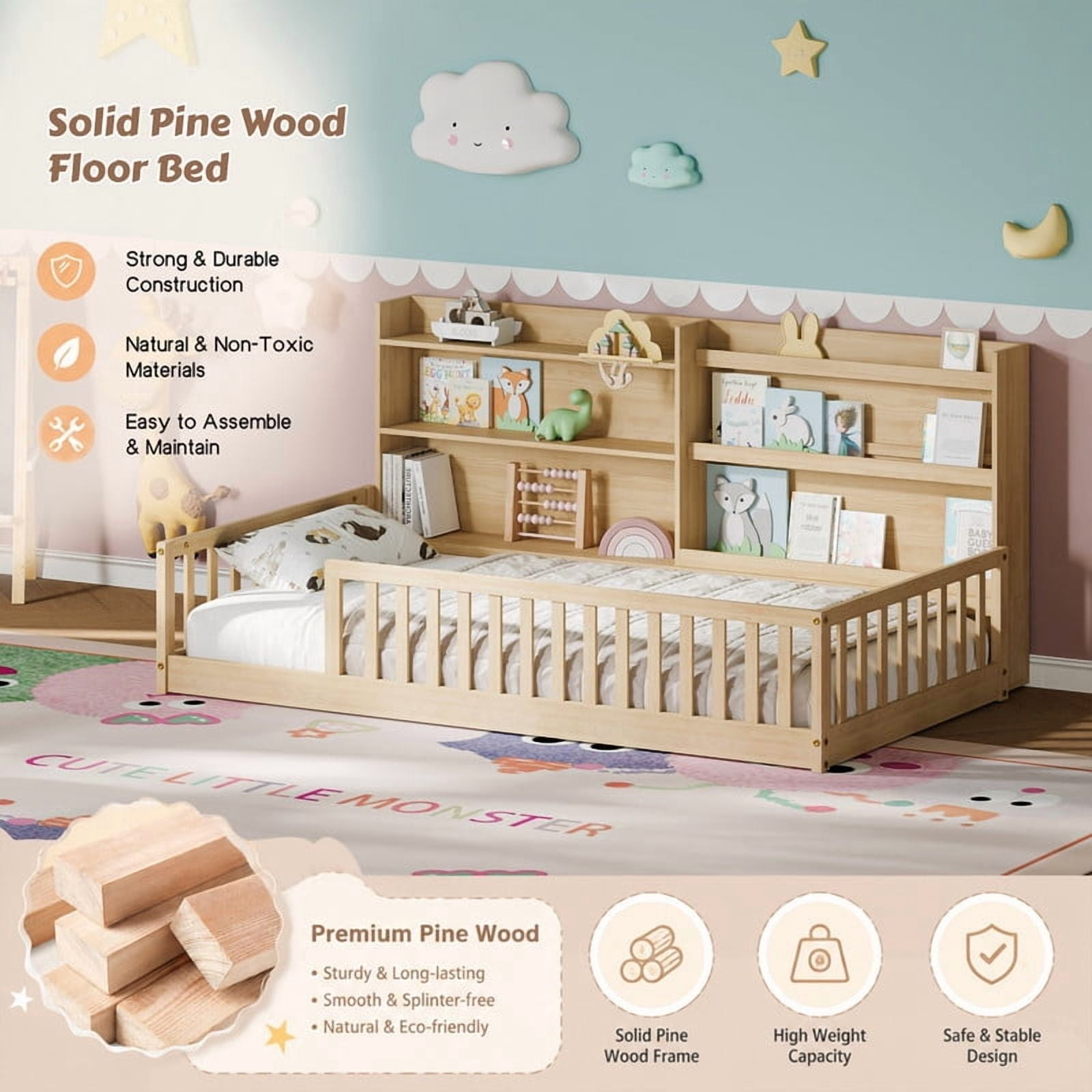 Twin Size Kids Montessori Floor Bed with Bookshelf & Safety Guardrail, Wood Low-Profile Platform Bed Frame with Slats