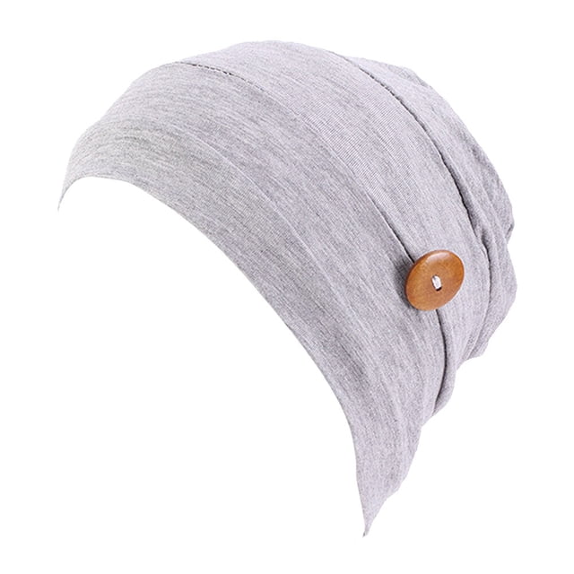 Gorro de turbante gris para mujer, gorro de algodón modal, gorro de quimioterapia elástico, envoltura para la cabeza con máscara de sujeción, botón antideslizante (máscara no incluida)