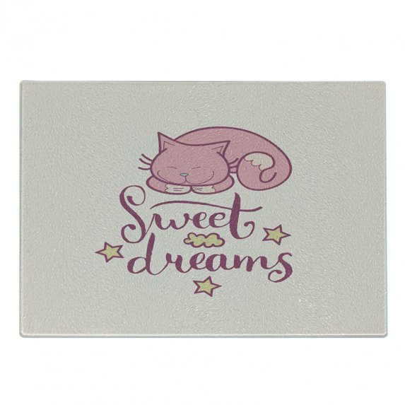 Saying Cutting Board, Sleeping Cartoon Cat with Stars Clouds on a Pastel Background, Decorative Tempered Glass Cutting and Serving Board, Small Size, Dried Rose Pale Pink, by Ambesonne