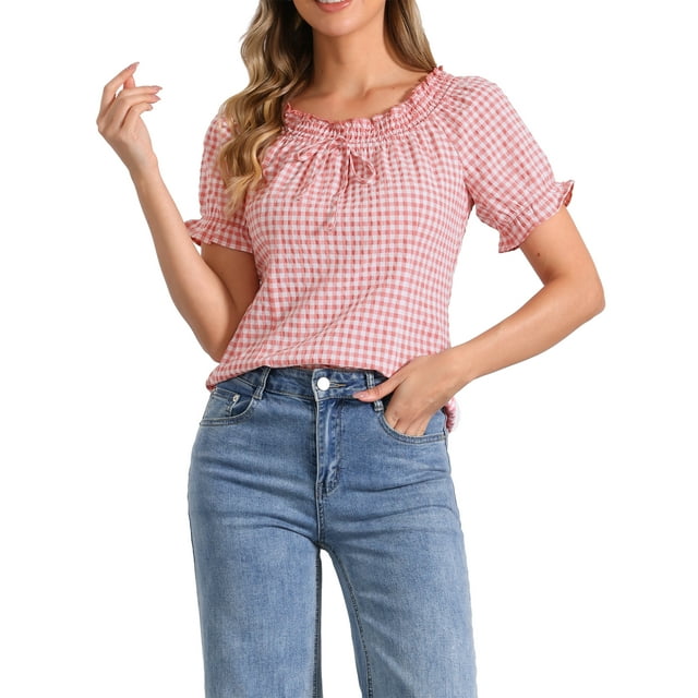 INSPIRE CHIC Gingham Plaid Blouse for Woman's Peasant Round Neck Ruffles Puff Sleeve Top L Pink