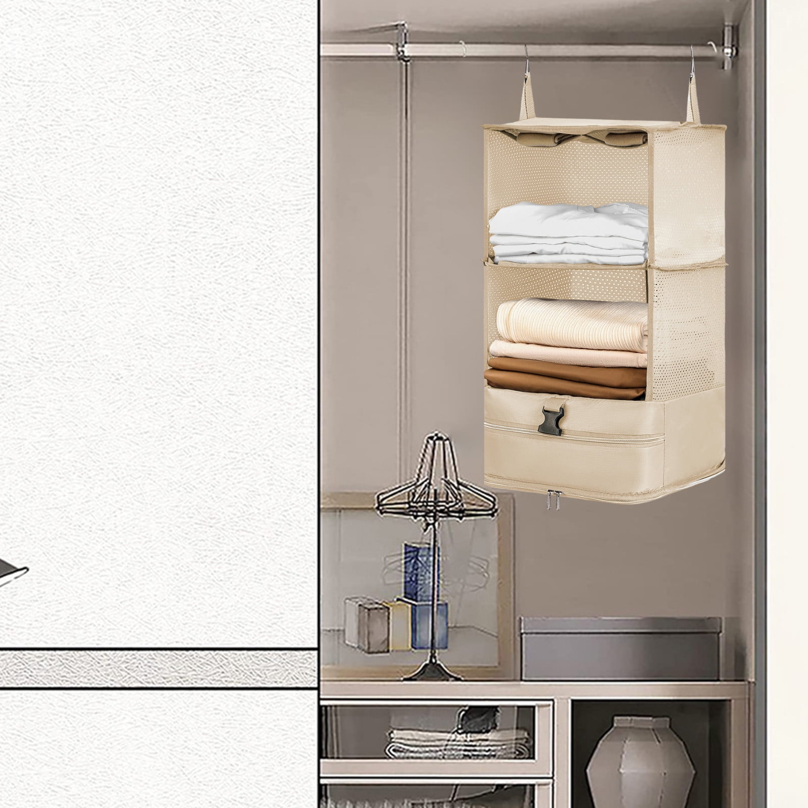Hanging Packing Cubes | Portable Closet Shelves Travel Garment Organizer | 3 Compartments with Pockets | Gray or Khaki