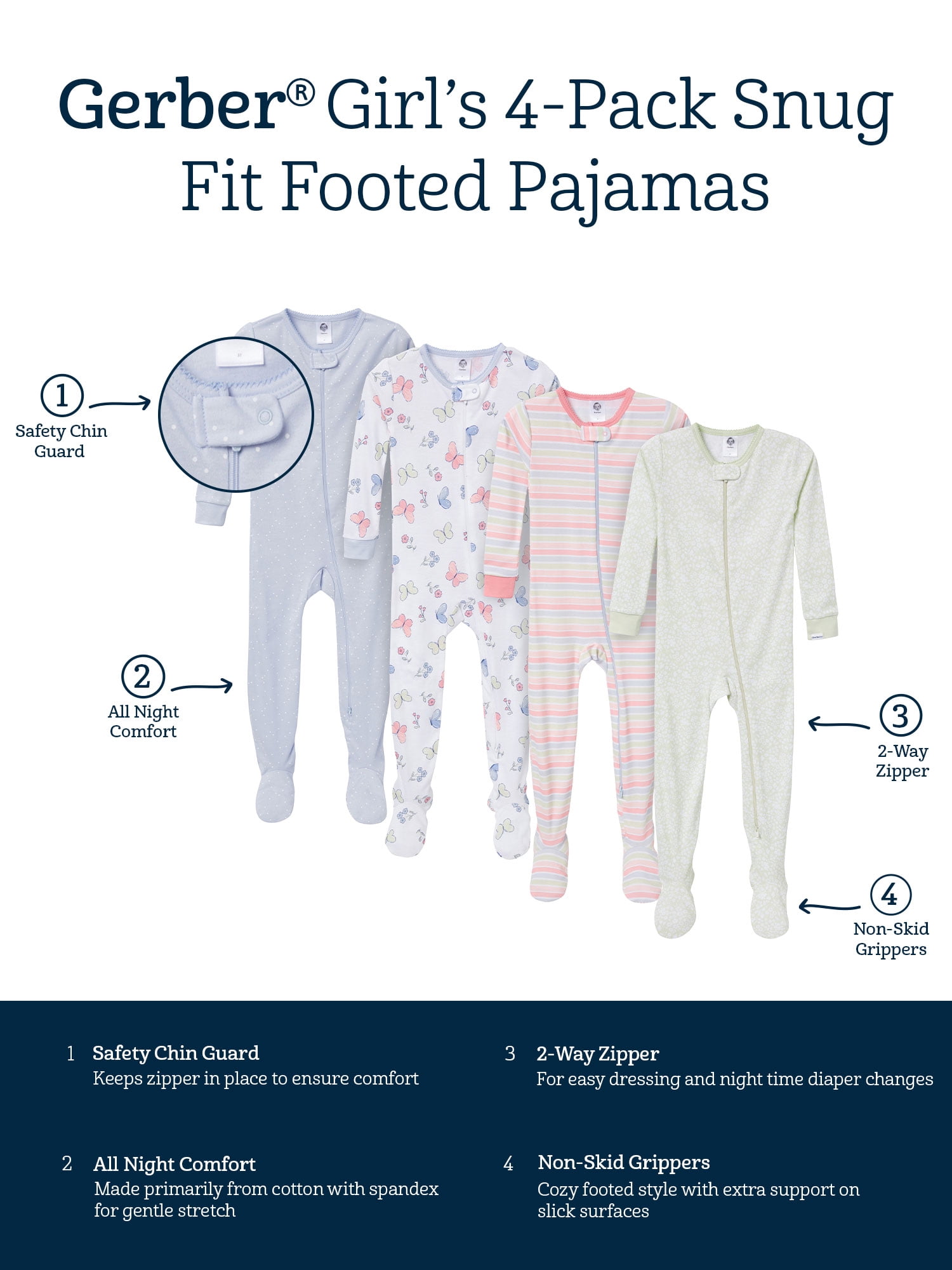 Gerber Gender Neutral Footed One-Piece Pajamas, 4-Pack, Sizes 0/3 Months - 5T