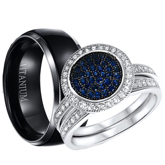 His Hers Sterling Silver CZ Bridal Blue Black Titanium Wedding Band Engagement Ring Set