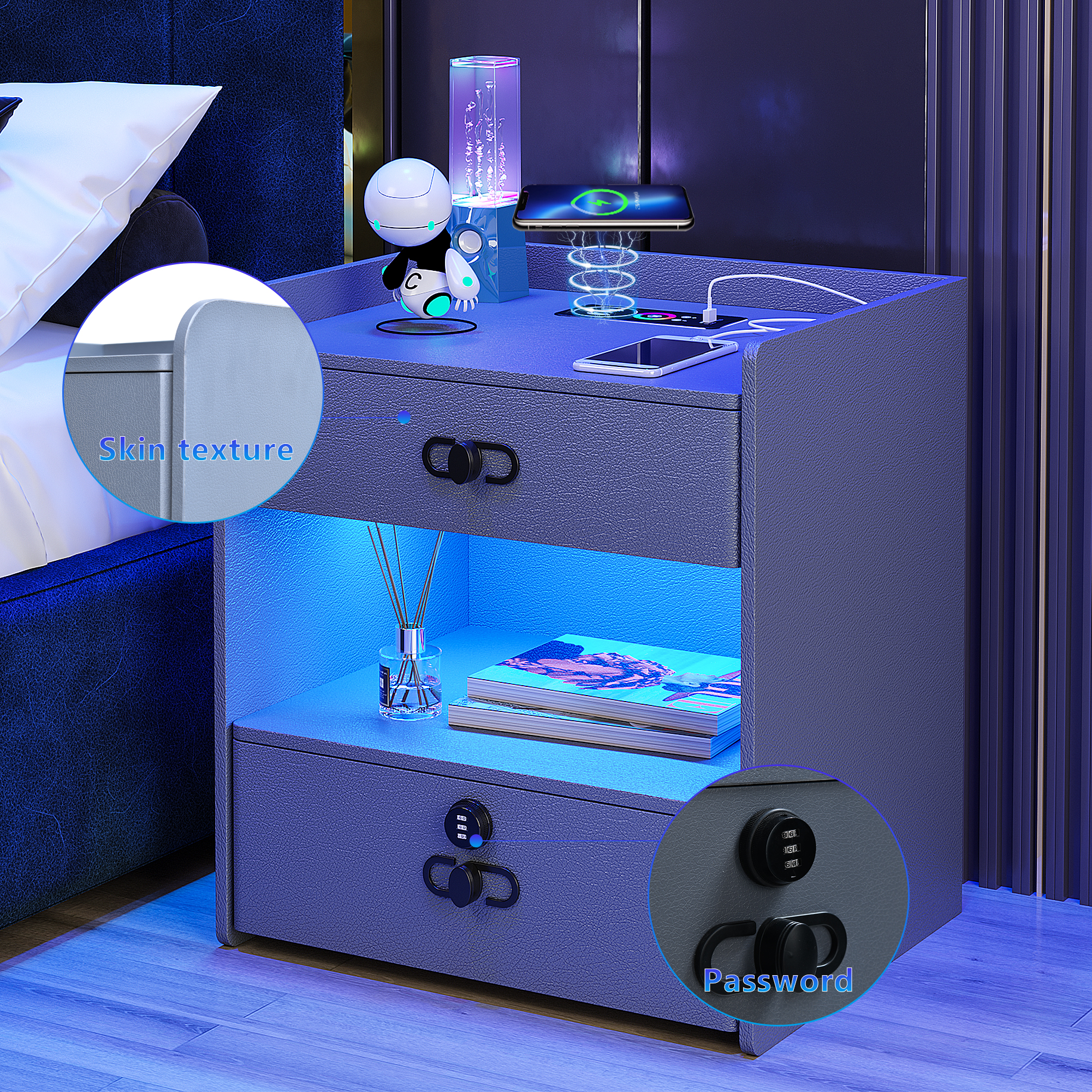 Lvifur LED Nightstand with Wireless Charging Station, Bedside Table