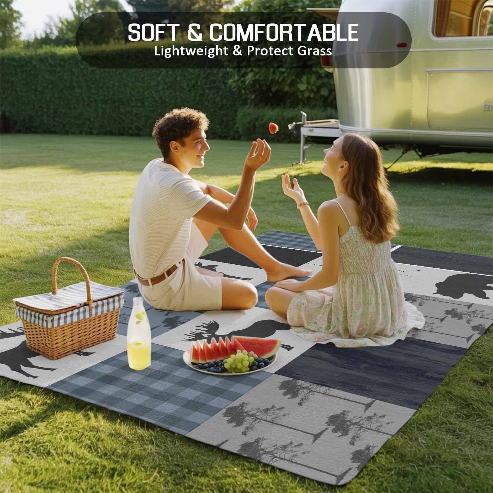 Outdoor Rug 6x9 ft Country Forest Bear Moose Waterproof Outdoor Patio Rug Mat Non Slip Outside Area Rugs Carpet for RV,Camping,Porch,Deck,Pool,Balconybackyard,Rustic Farmhouse Blue Black Plaid