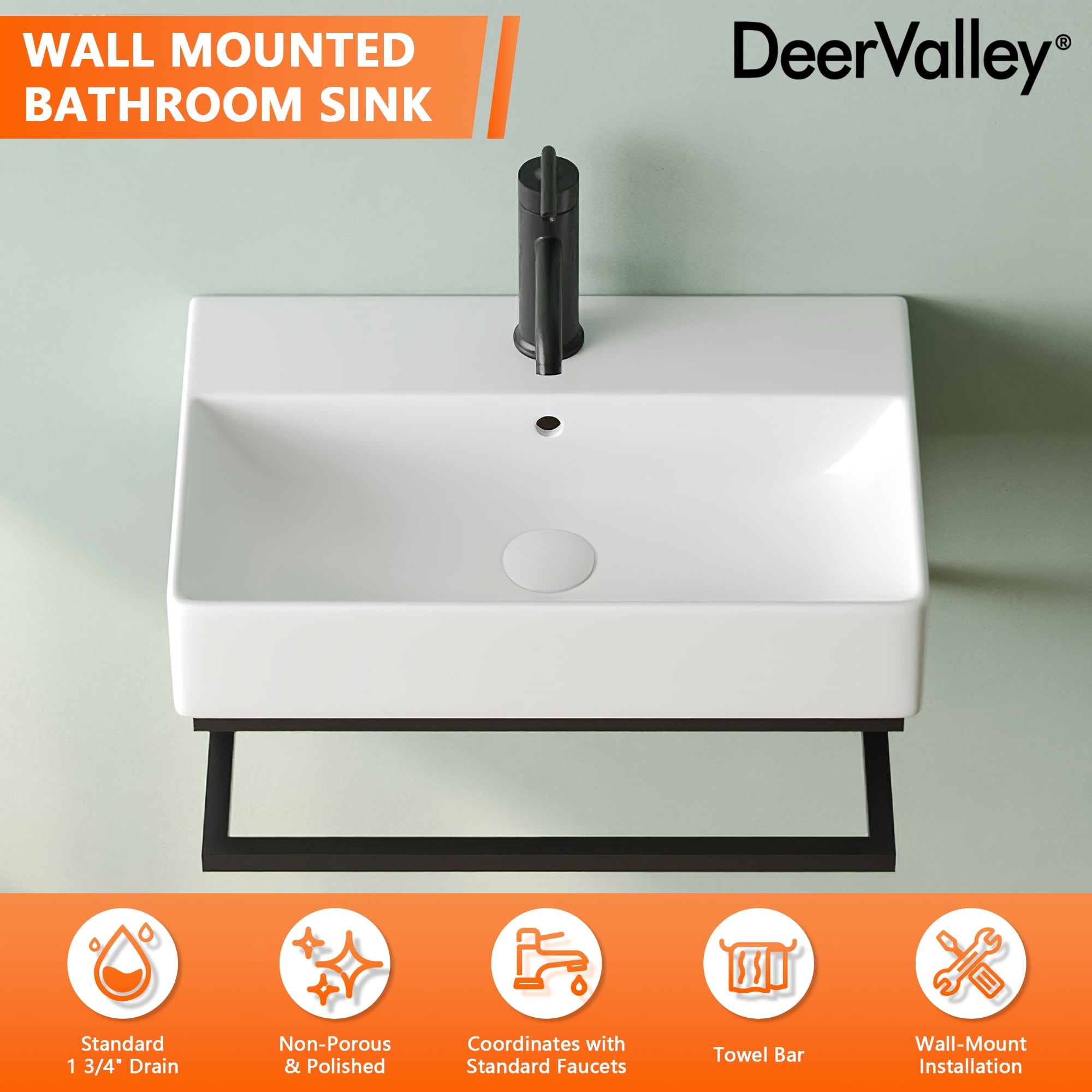 Deervalley 22"X14" White Wall Mounted Bathroom Sink With Black Towel Bar, Rectangular Bathroom Sink With Overflow DV-1WS0322B