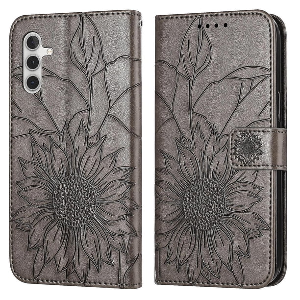 Funda tipo cartera con girasol grabado para Samsung A34 5g, multifuncional, elegante y con protección total.
