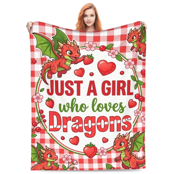 Dragon Throw Blanket Strawberry Gingham Pattern Gift Decorative Soft Fleece All Season Blankets Cozy Flannel Throw For Bed Chair Sofa Couch Bedroom Home Decor 50x40