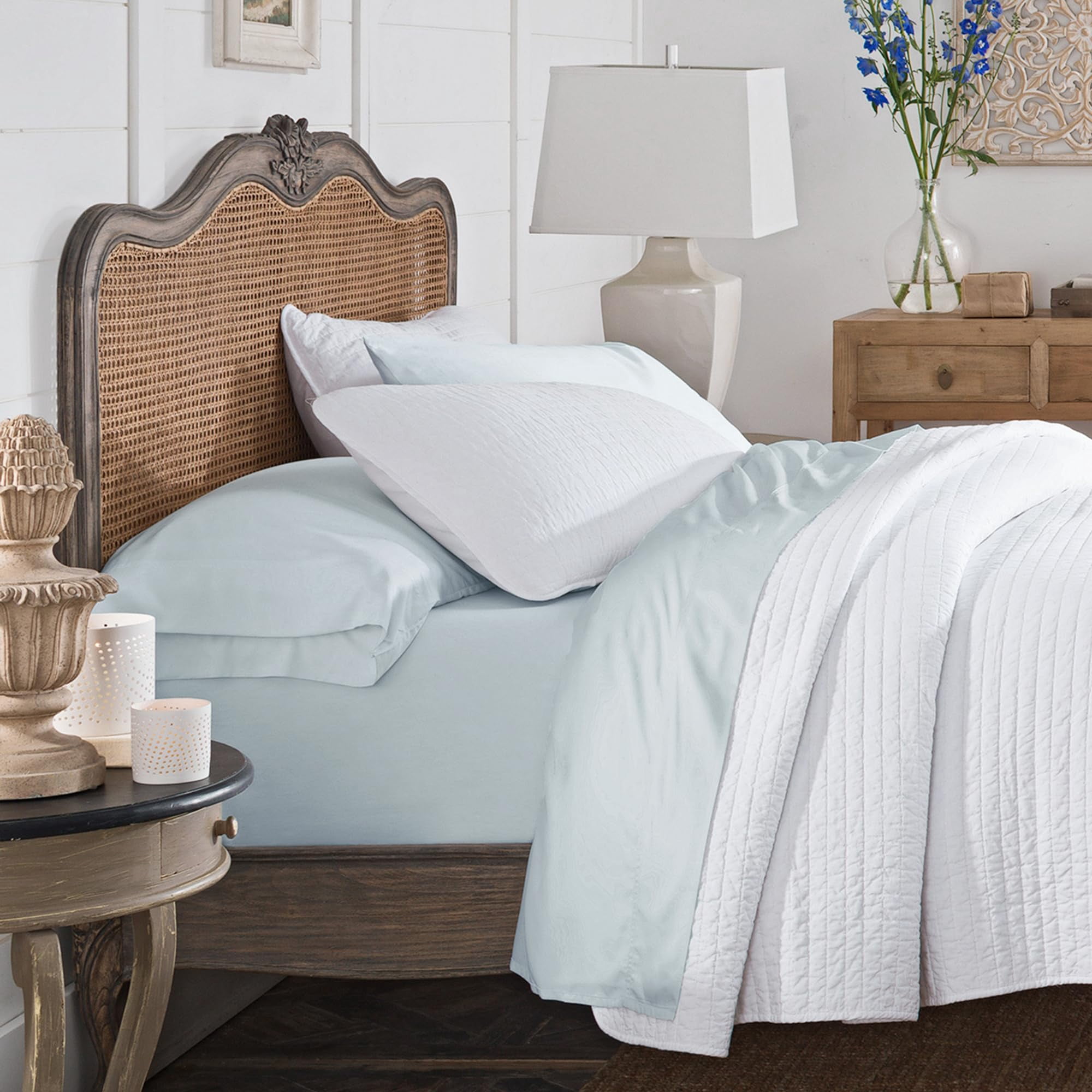Bamboo Fiber Sheet Set Queen, Rayon from Bamboo Luxury Bedding, 3° Cooler Than Cotton, Silky Smooth & Durable, Deep Pocket Fitted, Sea Glass