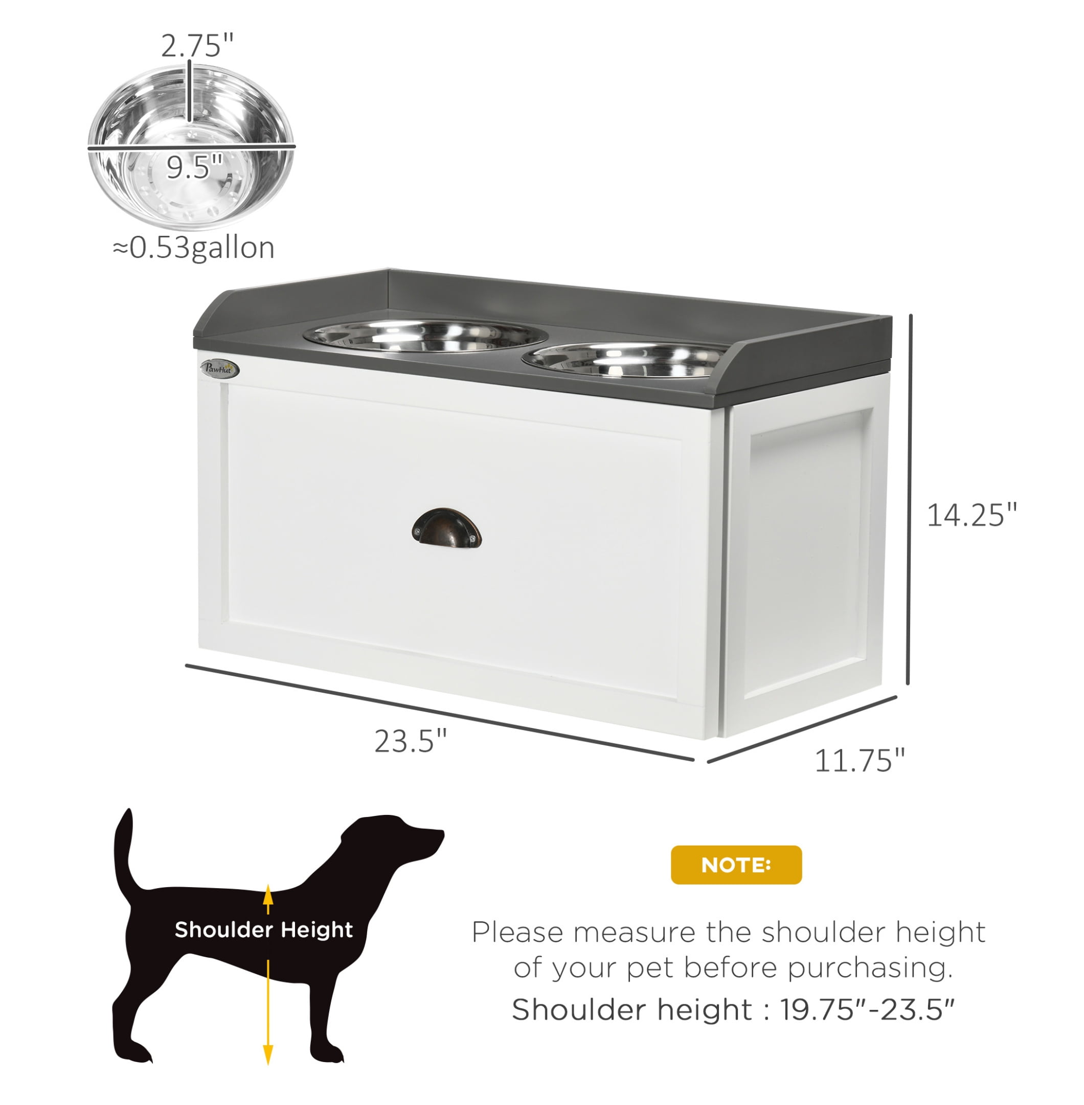 Dog Feeding Station with Storage, Elevated Bowls for Large Dogs - White Pet Feeder with Drawer & Cabinet