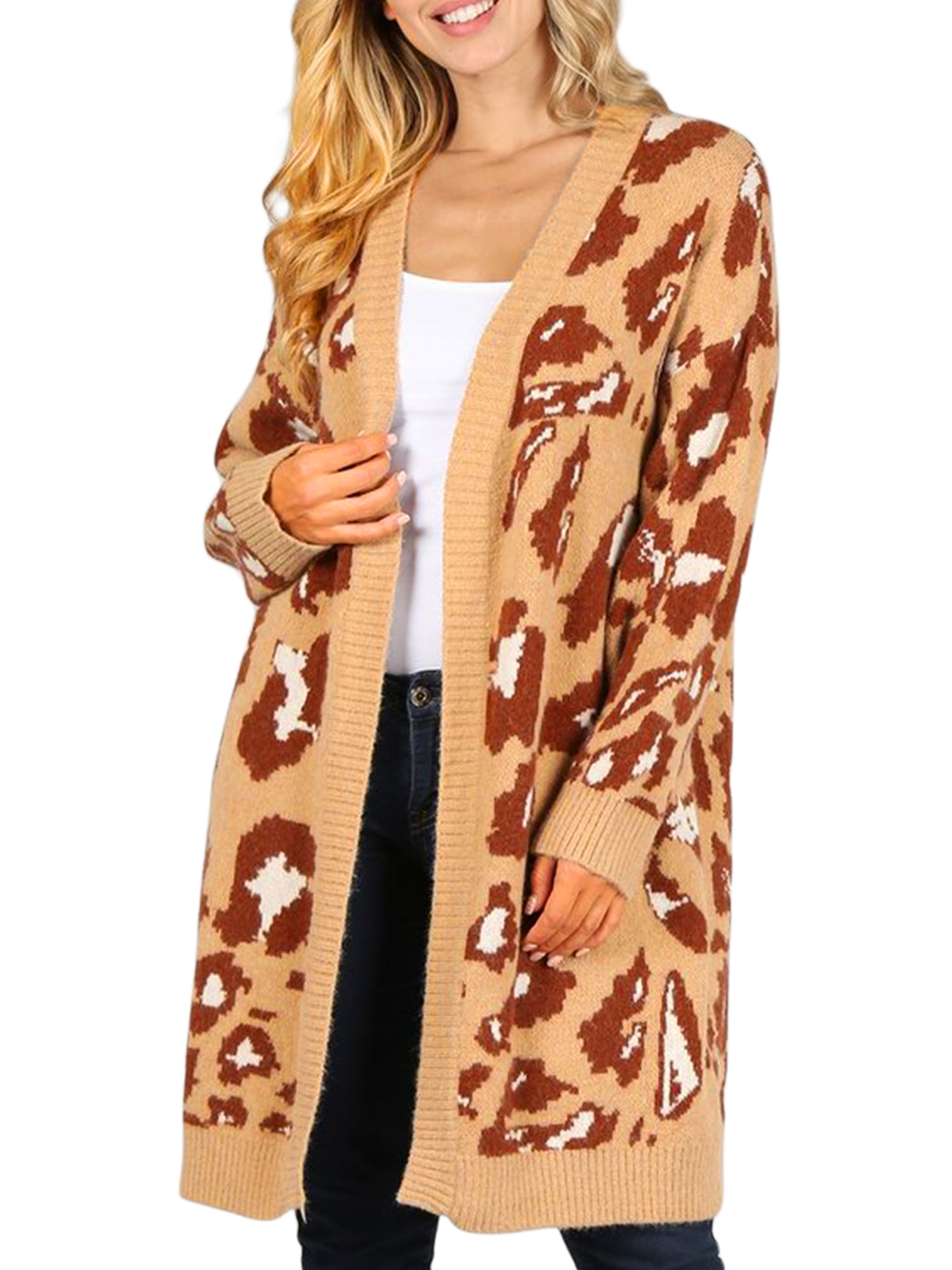 Womens Winter Open Front Leopard Long Sleeve Chunky Cable/Chenille Knit ...