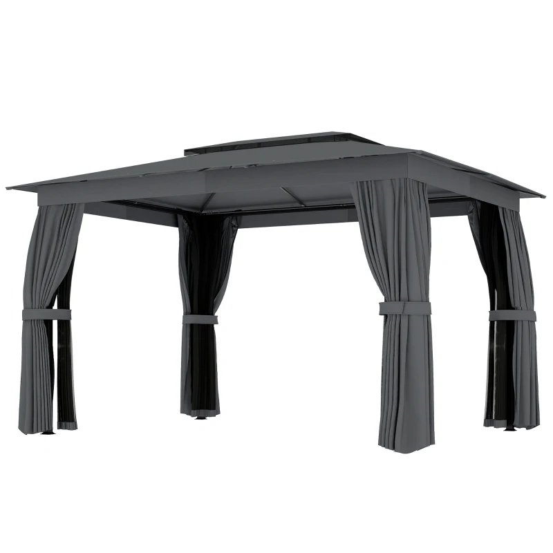 12 X 9 FT Double-roof Design Canopy Shelter, Large Outdoor Gazebo with Steel Columns, Outdoor Heavy Duty Party Tent with Mosquito Nettings and Privacy Screens for Backyard, Garden, Lawn, Dark Gray