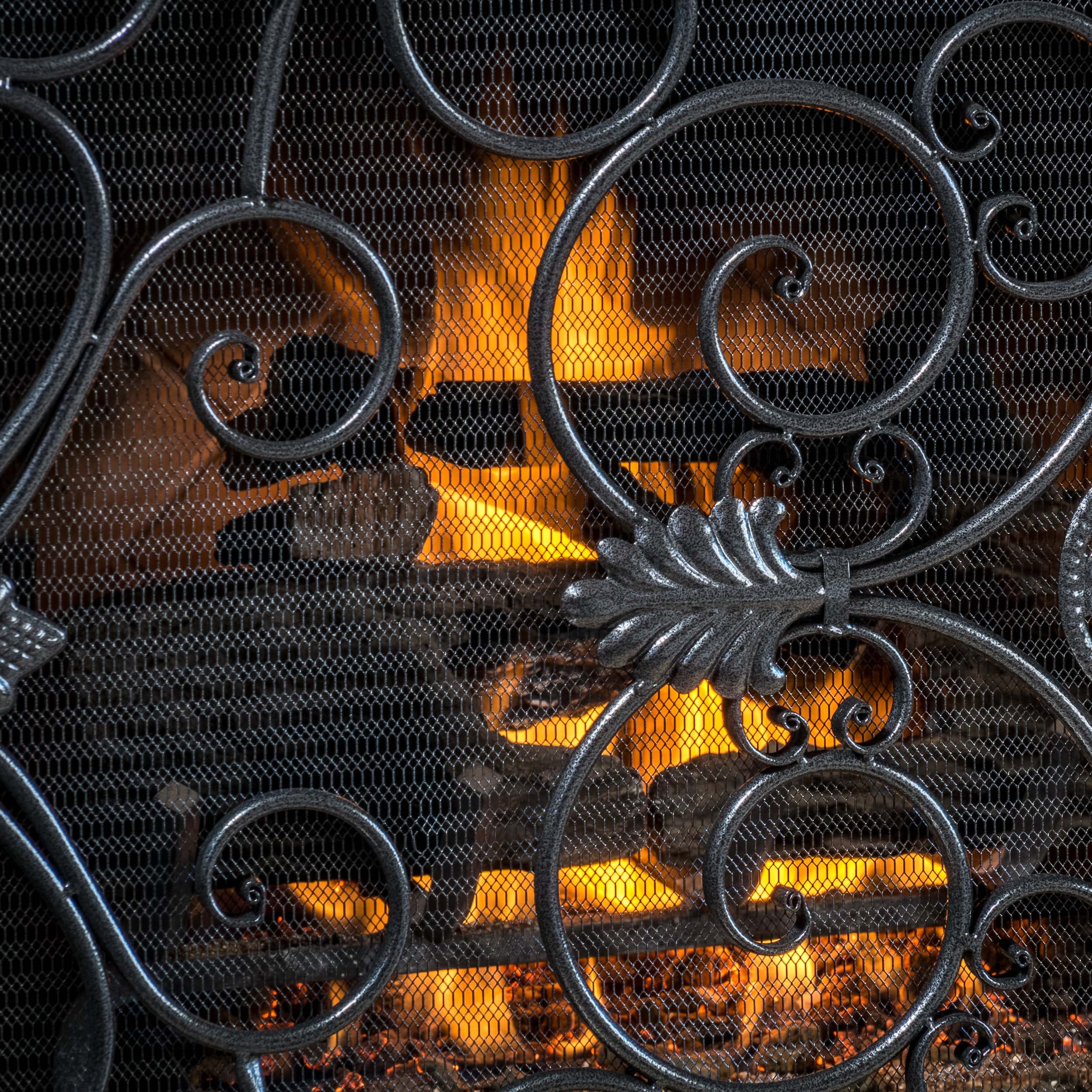 Noble House Crenshaw Iron Fireplace Screen, Silver Flower on Black