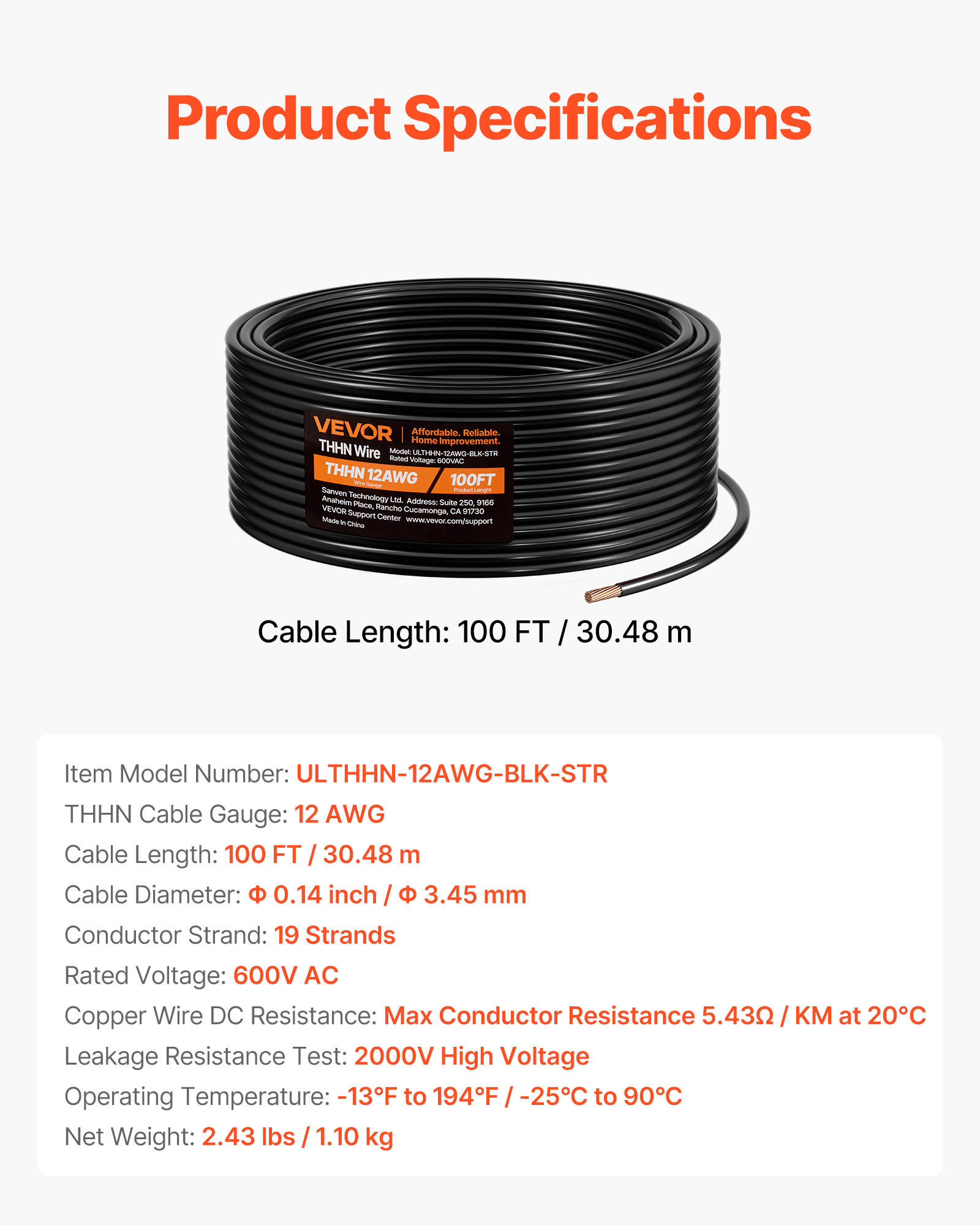VEVOR 12 AWG THHN Wire, 19-Stranded, 100% OFC Copper Electrical Building Wire with Nylon Jacket, Rated for Up to 600 Volts, for Indoor Outdoor Use, Commercial, Industrial, Residential, Black