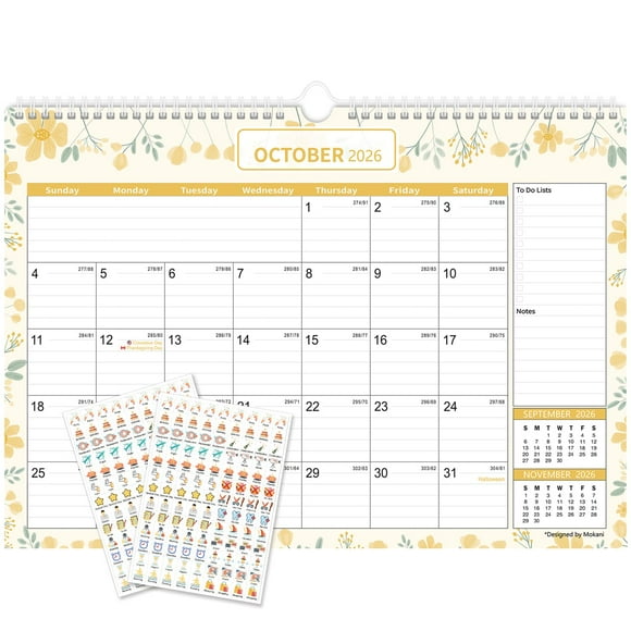 2026 Calendar, Mokani 2026 Wall Calendar Large Monthly Desk Planner from Jan.2026 to Jun.2027, 12" x 17" with Plastic Cover, 234 Stickers and Canada Holidays, Hanging for Home School Office