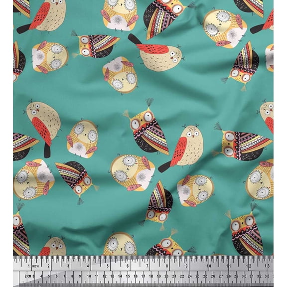Soimoi Cotton Cambric Fabric Bird & Owl Kids Printed Fabric 1 Yard 42 Inch Wide