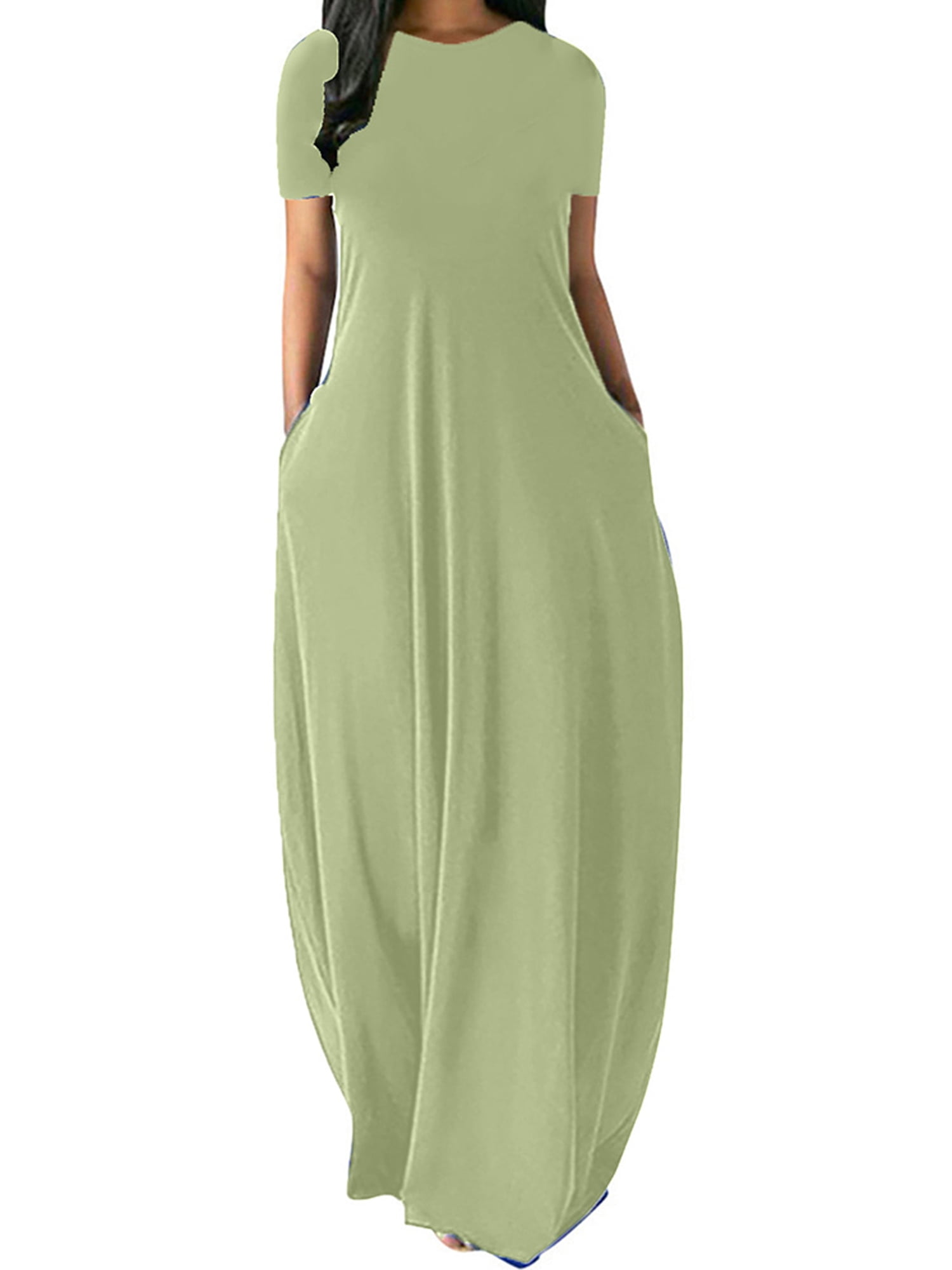 US Womens Summer Short Sleeve Plus Size Long Maxi Dress Casual Plain Shirt Dress