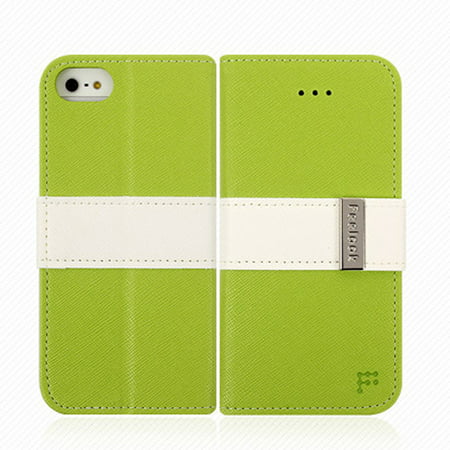 iPhone 5/5s Wallet Case by Feelook [Lime Green/White] Faux Leather TPU Case Featuring Credit Card / ID Slots and Stand
