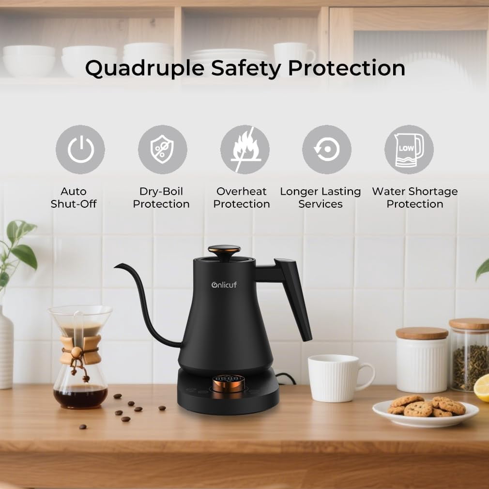 Gooseneck Electric Kettle with 7 Presets & ±1 ° F Precision Temperature Control, Pour Over Coffee & Tea Kettle, Hot Water Boiler, Stainless Steel Inner, 1000W/0.8L, Matte Black